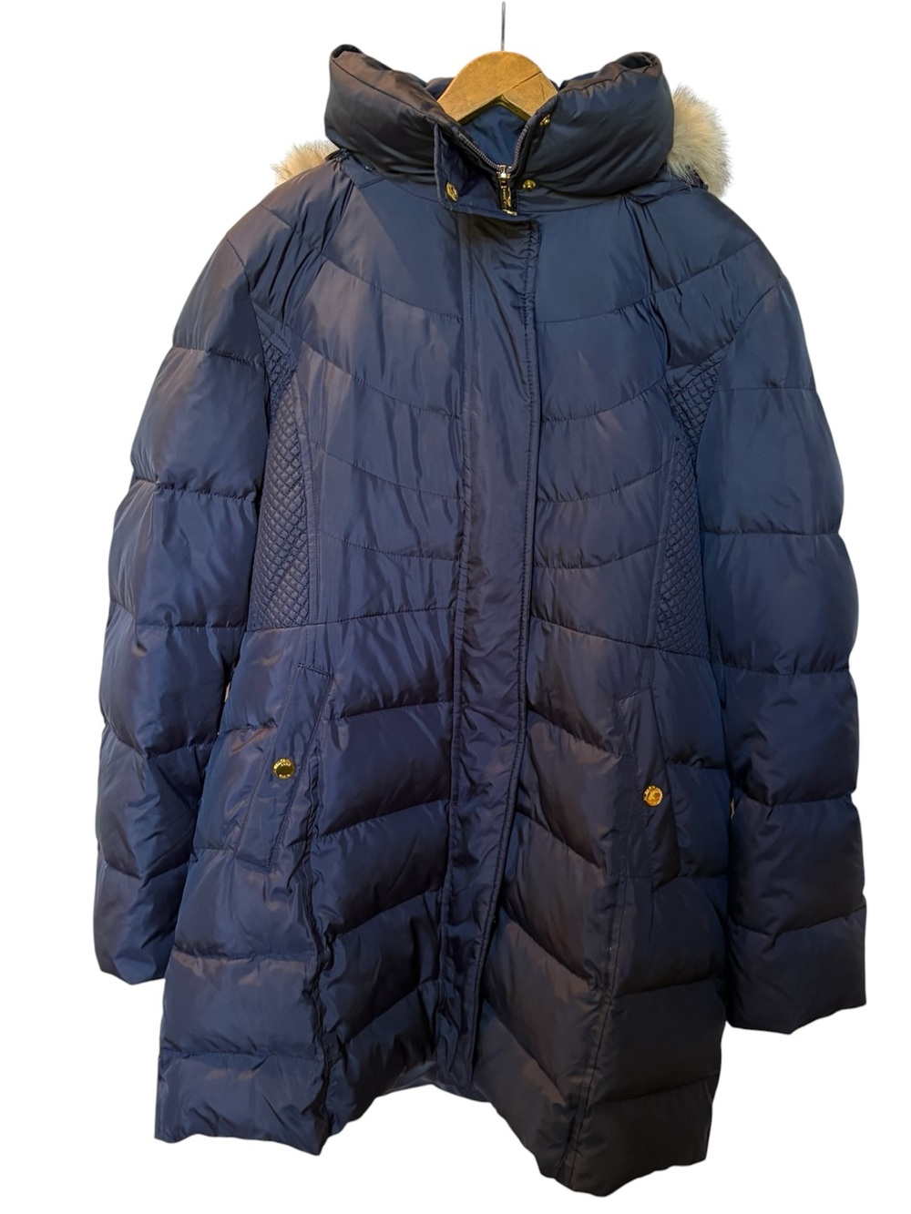 Anne Klein Women's Navy Down Puffer Coat with Faux Fur Trim Hood Size XL